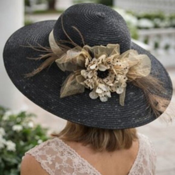Black Wide-Brim Floral Feather Hat -mango Monet Floral Wide Brim Church Hat | Whittall & Shon  main image 2